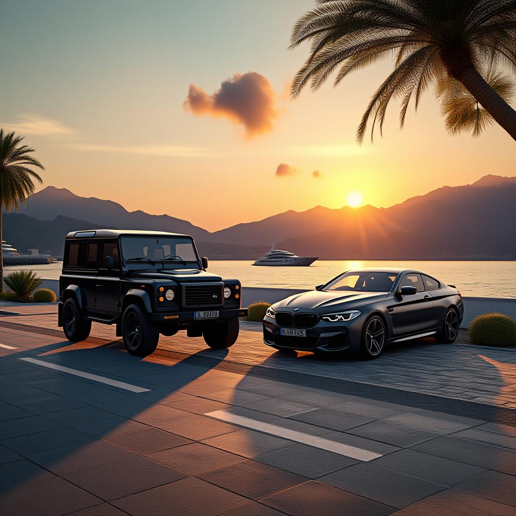  cinematic photo high realism, high detail, the embankment of the resort city of yalta in the crimea, tropical vegetation, mountains, the sun at sunset goes to sea, a yacht at sea, on the embankment there are 2 cars land rover defender 130 2024 2nd generation, black, and bmw m6 2024, black . 35mm photograph, film, bokeh, professional, 4k, highly detailed