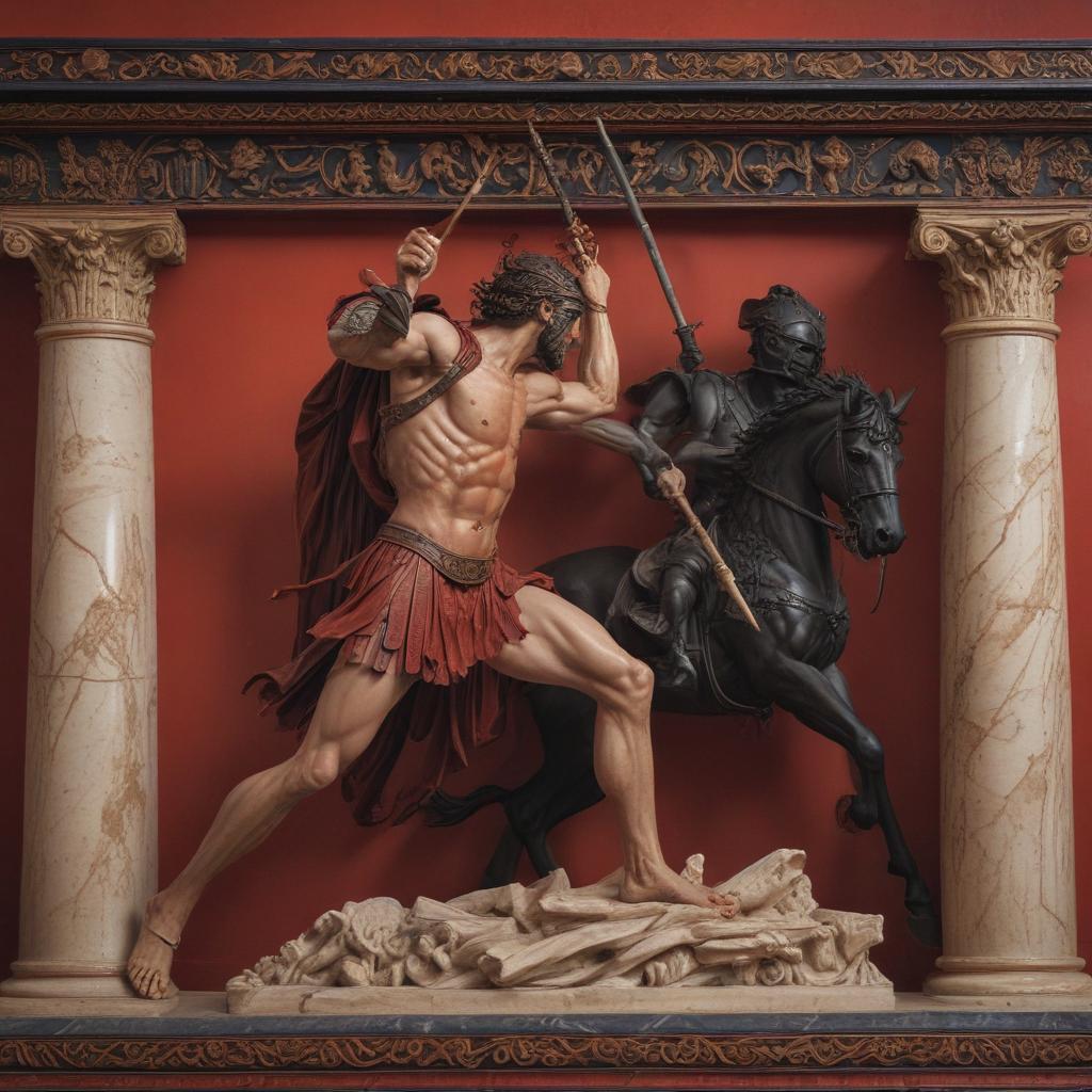 A dramatic moment as Achilles' spear strikes true, inflicting a grievous wound upon King Telephus' thigh, with Telephus writhing in pain, the land plunged into chaos and despair, showcasing the consequences of war and the intertwining of fate, with a sense of tragedy and conflict"in the style of classical Greek pottery art, with intricate black figures on a red background, depicting mythological scenes with a focus on gods and heroes, using a limited color palette of red, black, and white"This image is a breathtaking painting that captures the magical scene with vivid detail. The overall composition is spellbinding, showcasing a perfect harmony. photorealism fantasy, unreal engine 5, concept hyperrealistic, full body, detailed clothing, highly detailed, cinematic lighting, stunningly beautiful, intricate, sharp focus, f/1. 8, 85mm, (centered image composition), (professionally color graded), ((bright soft diffused light)), volumetric fog, trending on instagram, trending on tumblr, HDR 4K, 8K