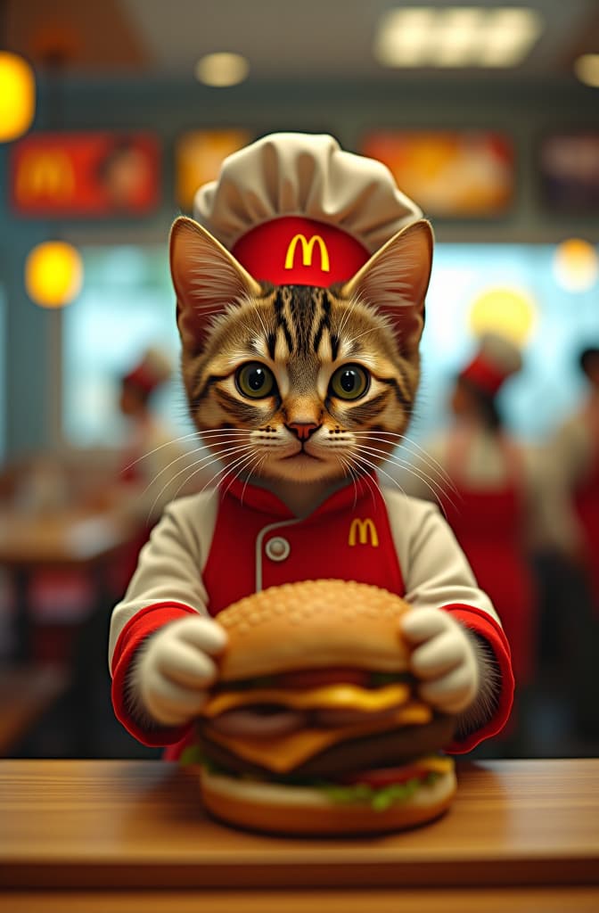  a mc donalds restaurant interior shot run by anthropomorphic cute little cats wearing mcdonalds chef themed kitchen clothes. serving cheeseburger all in wes anderson cinematography. hyperrealistic, full body, detailed clothing, highly detailed, cinematic lighting, stunningly beautiful, intricate, sharp focus, f/1. 8, 85mm, (centered image composition), (professionally color graded), ((bright soft diffused light)), volumetric fog, trending on instagram, trending on tumblr, HDR 4K, 8K