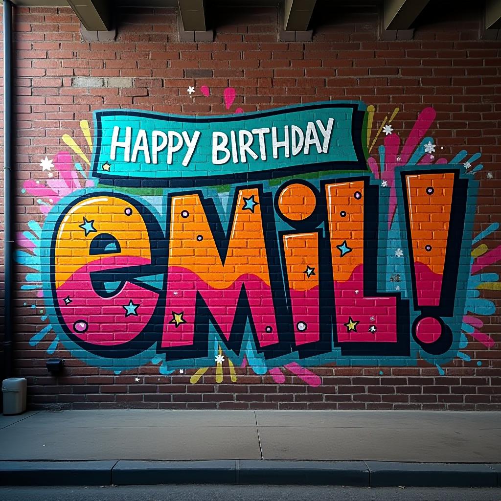  graffiti style street art mural with bold, colorful letters spelling out "happy birthday emil!" against a brick wall backdrop hyperrealistic, full body, detailed clothing, highly detailed, cinematic lighting, stunningly beautiful, intricate, sharp focus, f/1. 8, 85mm, (centered image composition), (professionally color graded), ((bright soft diffused light)), volumetric fog, trending on instagram, trending on tumblr, HDR 4K, 8K