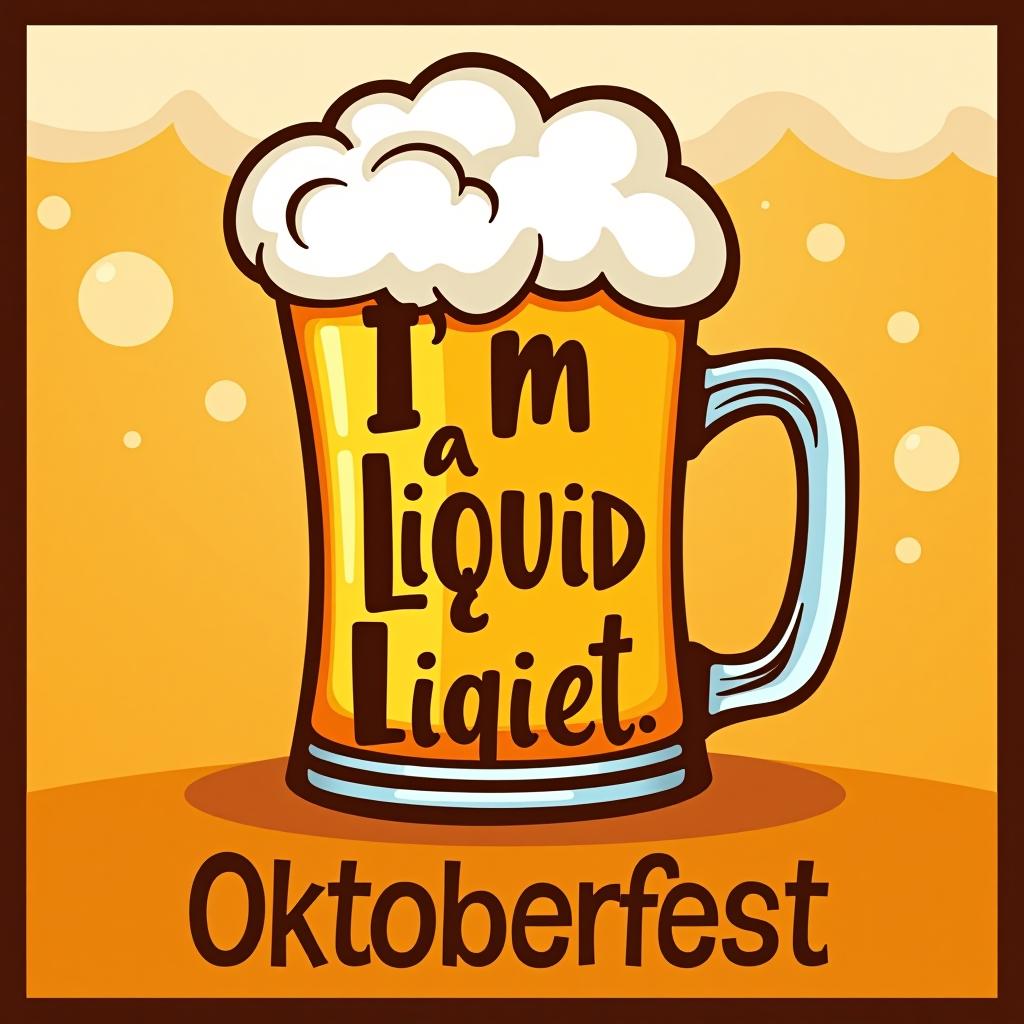  humorous 'i'm on a liquid diet.' in wavy font with a cartoon beer mug and beer bubbles background. place the word oktoberfest at the bottom of the image