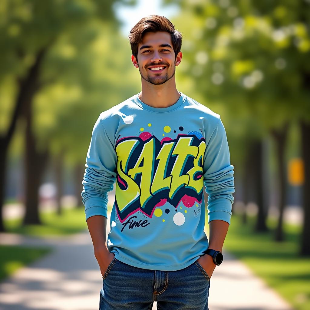  create a vivid image of a full body , around , weighing approximately 60 pounds, confidently posing in a casual but lively scene, such as a sunny park. he is wearing a t shirt designed with the following meticulous specifications: fabric material: soft and breathable cotton fit: relaxed fit, providing comfort and a casual style sleeve length: three quarter sleeves, enhancing movement and versatility neck style: crew neckline, contributing to a clic yet sporty look hem style: split hem for added detail and flexibility fabric design: the t shirt boasts an eye catching graphic pattern inspired by graffiti art, with bold and colors: sky blue (#00bfff) light lime green (#dbe878) soft red (#e47c7c