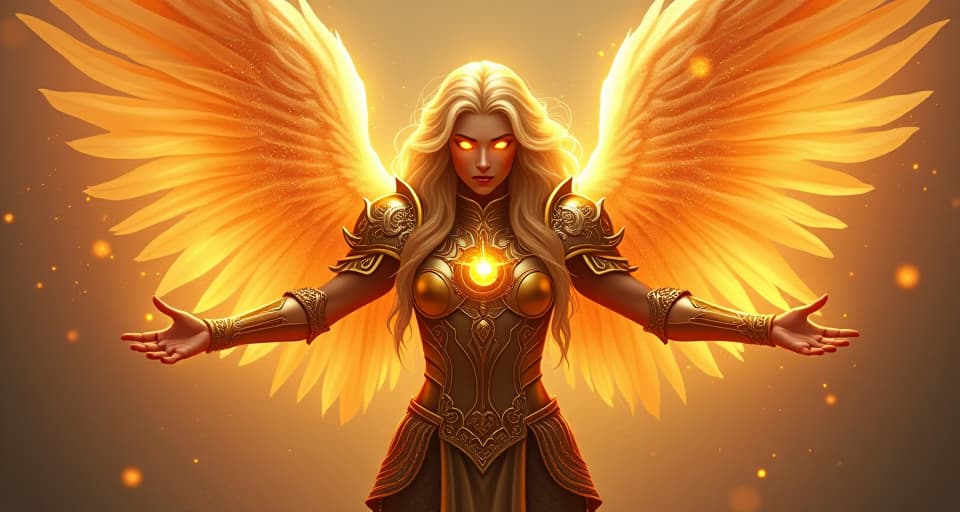  warrior angel, radiating luminous energy with blazing eyes. ethereal armor, sparkling with powerful symbols, surrounded by an aura of relentless strength.. the style is digital art illustration,highly detailed, whimsical,magical, dreamlike atmosphere, realism and fantasy blend, smooth, glossy textures,luminous quality, wonder and enchantment.