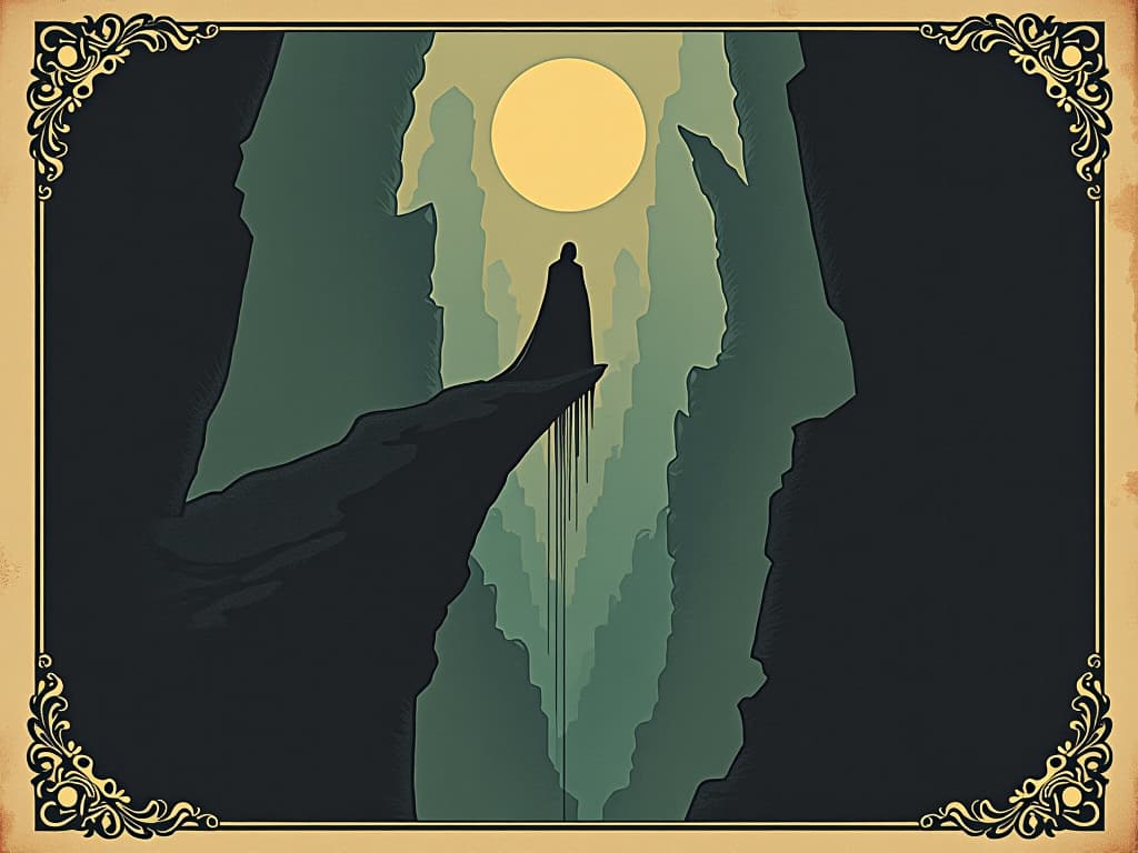  a figure standing on a precipice, shadowy echoes falling away beneath, clarity, discernment, letting go. an illustration in the style of a worn, mystical old tarot trump card, mysterious and elements of surrealism. the colors are muted, somber and eerie, but with contrast bring out an occult and esoteric vibe.