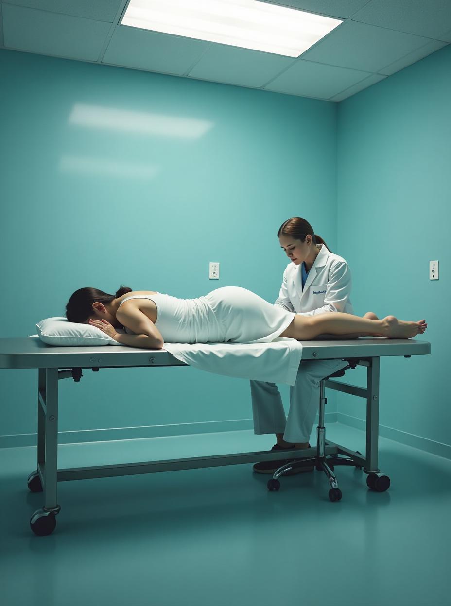  uhd movie still, 2020s, sterile examination room fills the frame. a gigantic american girl sprawls on her stomach, dwarfing the metal table. her curves strain the white paper gown, threatening to burst. her long legs, dangle precariously off the end. a concerned doctor, dwarfed by his patient, sits on a stool, his hands examine the girl's long, manicured toes., high quality, high details, hd, perfect composition, 4k epic detailed, highly detailed, sharp focus, high resolution