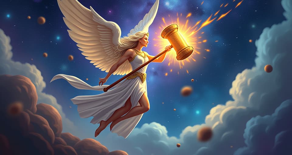  a celestial being wielding a glowing hammer, striking down with unrelenting force. cosmic justice personified, in a backdrop of swirling galaxies and radiant stars.. the style is digital art illustration,highly detailed, whimsical,magical, dreamlike atmosphere, realism and fantasy blend, smooth, glossy textures,luminous quality, wonder and enchantment.