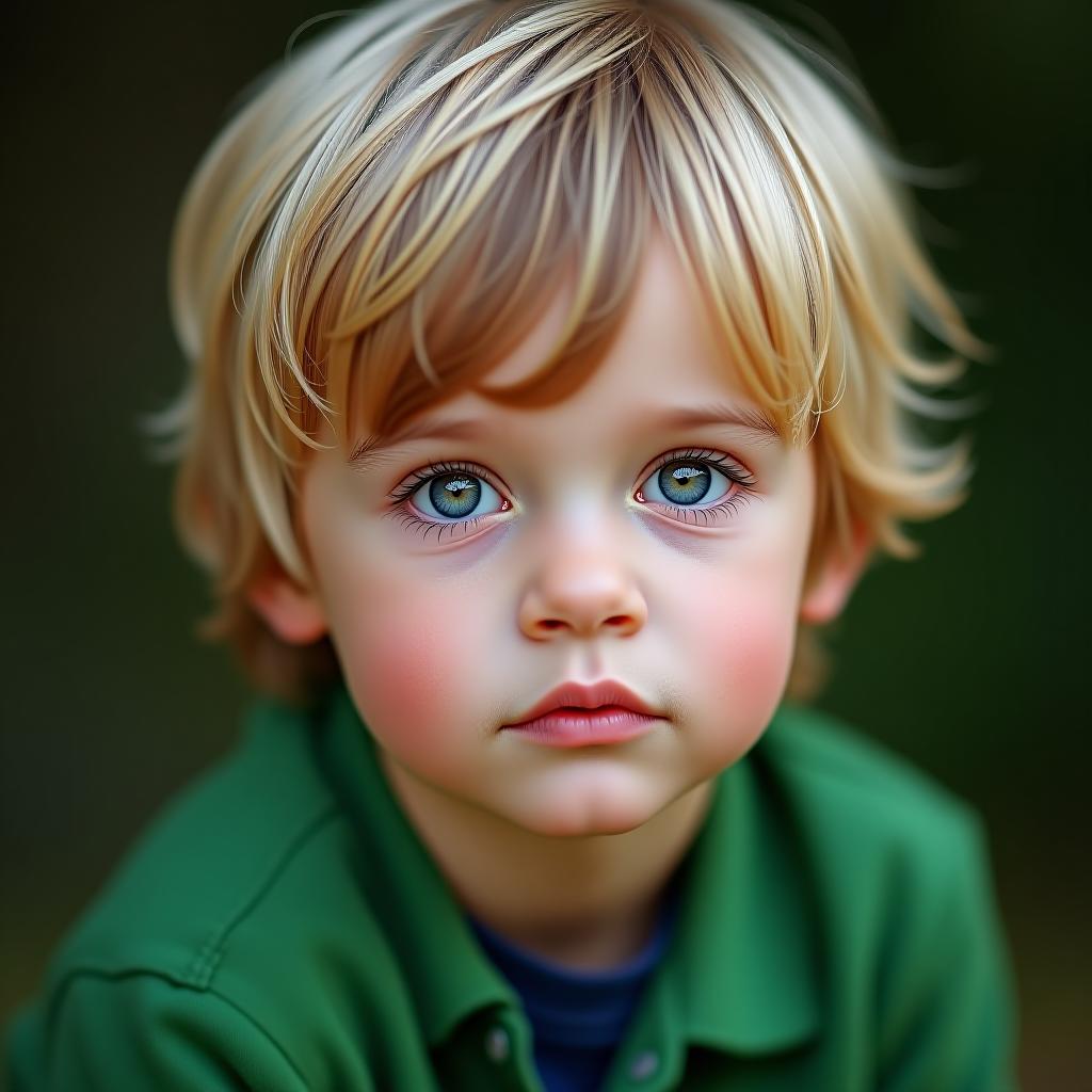  make an image of a little boy with blonde hair and blue green eyes wearing green