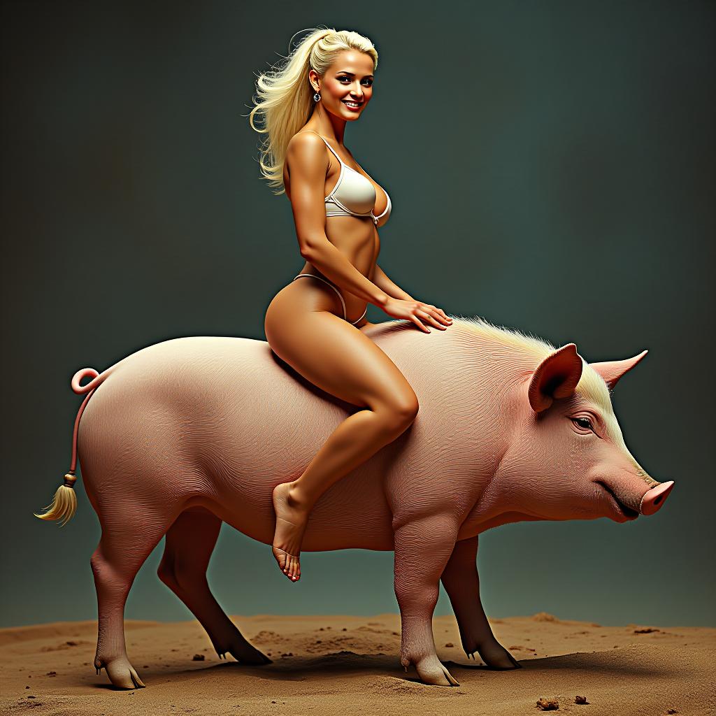  a very realistic photo of tv presenter xuxa, fully naked, riding a pig.