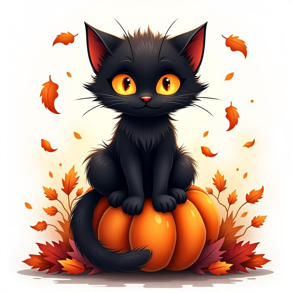  a cute black cat with glowing eyes sitting on a pumpkin, surrounded by swirling autumn leaves in a whimsical style, with warm, moody lighting. t shirt design, vector, contour, white background, no mockup hyperrealistic, full body, detailed clothing, highly detailed, cinematic lighting, stunningly beautiful, intricate, sharp focus, f/1. 8, 85mm, (centered image composition), (professionally color graded), ((bright soft diffused light)), volumetric fog, trending on instagram, trending on tumblr, HDR 4K, 8K