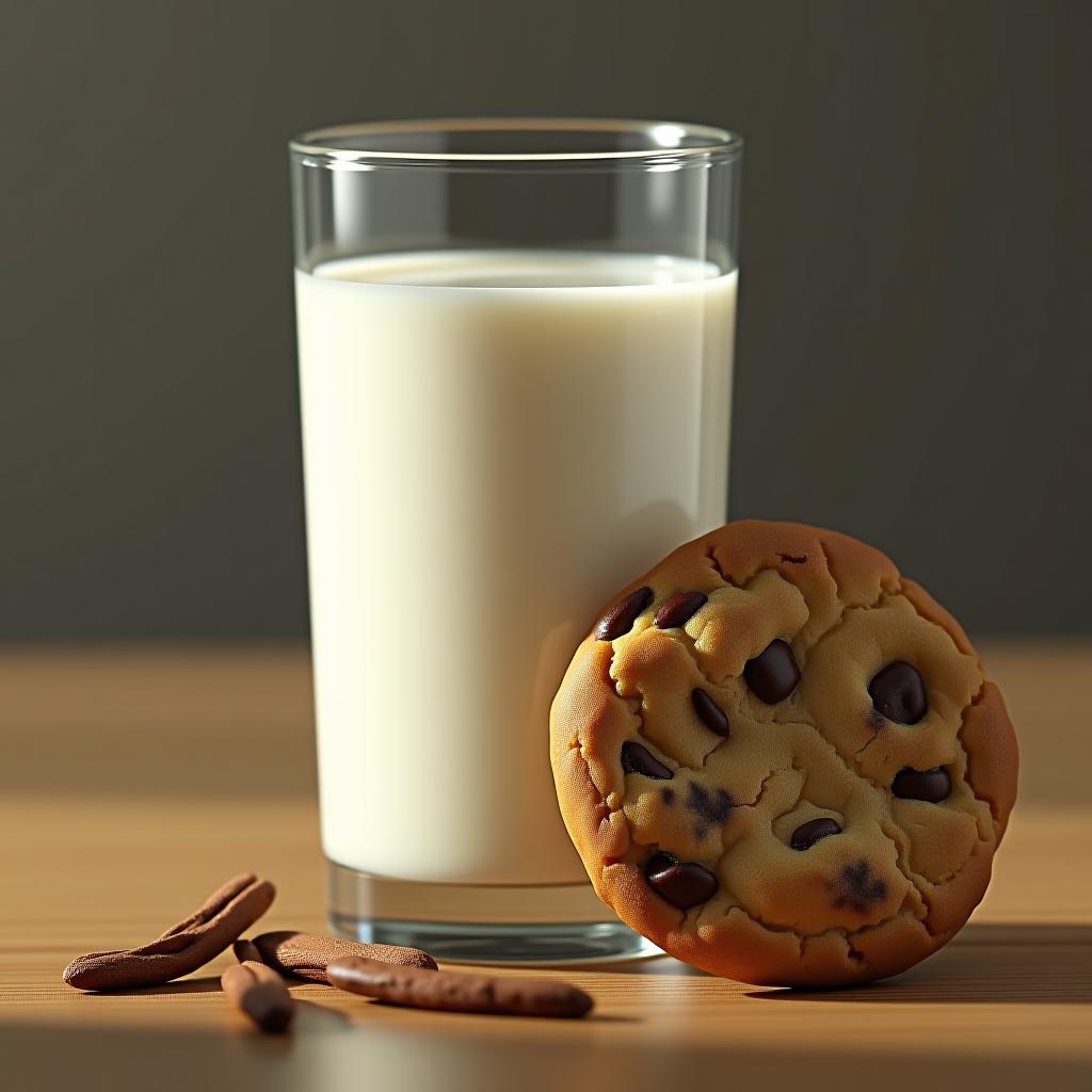  glass of milk next to a cookie, 4k hyperrealistic photo