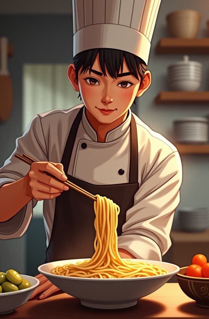  asian chef make square noodles, cartoon, anime, realistic shaded perfect face, fine details. anime. realistic shaded lighting by ilya kuvshinov krenz cushart katsuhiro otomo, magali villeneuve, artgerm, rutkowski jeremy lipkin and giuseppe dangelico pino and michael garmash and rob rey hyperrealistic, full body, detailed clothing, highly detailed, cinematic lighting, stunningly beautiful, intricate, sharp focus, f/1. 8, 85mm, (centered image composition), (professionally color graded), ((bright soft diffused light)), volumetric fog, trending on instagram, trending on tumblr, HDR 4K, 8K