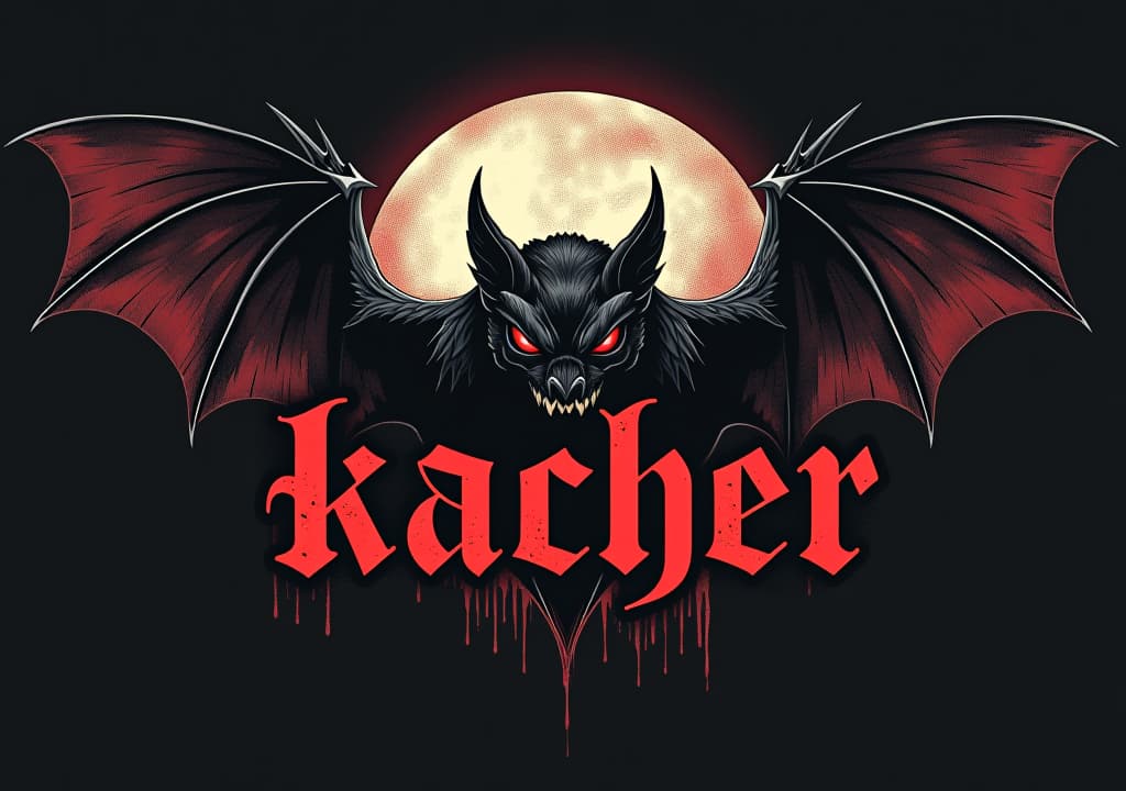  a dark art, street style logo with typography text "kacher", rock feeling, vintage, background is a evil bat, red eyes, bloody,, low contrast, low saturation hyper detail, intricate details, sharp focus, high resolution, 8k, ultra detailed, vib