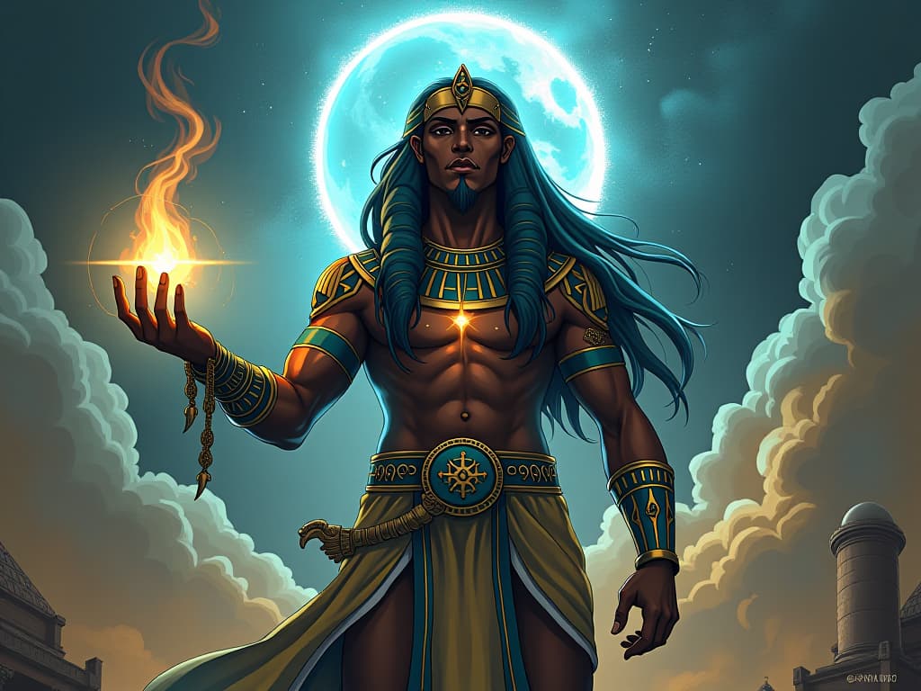  a powerful individual, intentions manifesting into reality, dreams becoming tangible, aura of clarity and creation. the style is digital art illustration / modern comic book / mysterious occult, symbolic, esoteric vibe,high detail on character design, incorporating ancient egyptian symbology and attire.