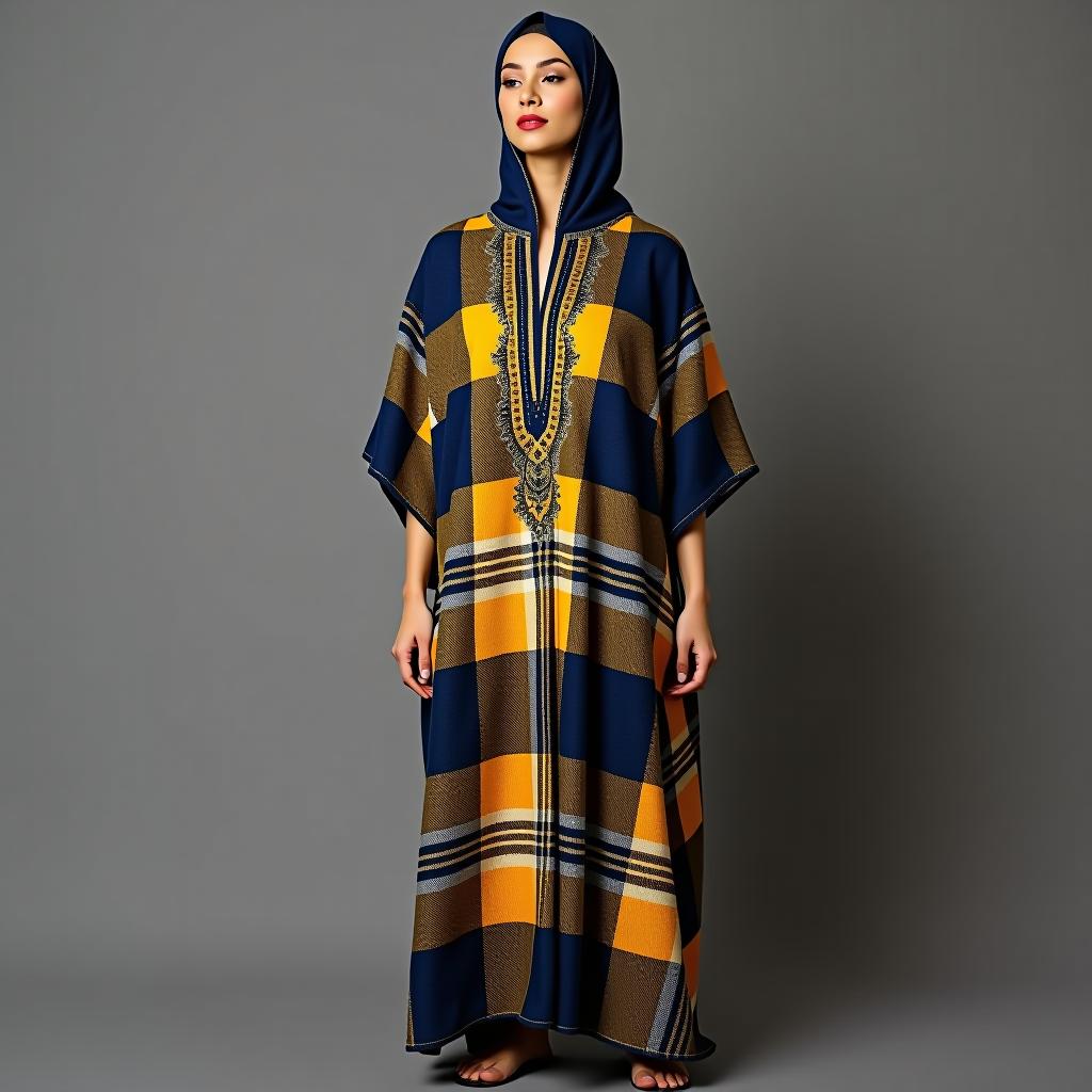  create an image of a full body woman wearing a beautifully designed djellaba with the following specifications: **fabric design and pattern**: plaid pattern interweaving deep navy blue (#0011ff), vibrant sunflower yellow (#ebfb04), and crisp white (#f4f5f4) decorative embellishments subtly integrated into the plaid design for an additional touch of elegance **clothing details**: **sleeve length**: short sleeve, perfect for warmer climates **fabric weight**: lightweight, ensuring ease and comfort **texture and finish**: brushed, giving a soft and smooth touch against the skin **branding**: tagless for a seamless feel **fit**: tailored fit, accentuating the woman's figure while maintaining cultural modesty **closure type**: