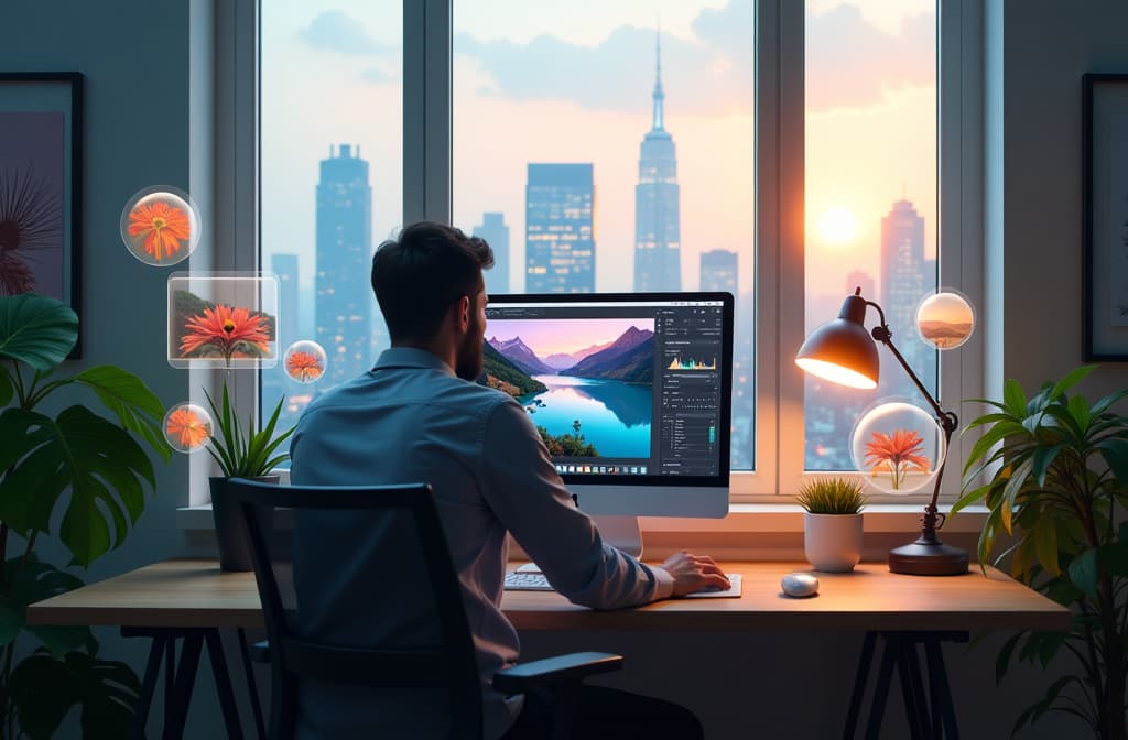  "create an image of a serene digital workspace where a person sits at a modern computer, enhancing a pixelated photo on the screen. surround the workspace with floating, translucent icons representing various image enhancement tools, like sharpen, restore, and upscale. the room should have a calming atmosphere with soft lighting, leafy plants, and a view of a bright, colorful city skyline outside the window, symbolizing clarity and improvement." hyperrealistic, full body, detailed clothing, highly detailed, cinematic lighting, stunningly beautiful, intricate, sharp focus, f/1. 8, 85mm, (centered image composition), (professionally color graded), ((bright soft diffused light)), volumetric fog, trending on instagram, trending on tumblr, HDR 4K, 8K