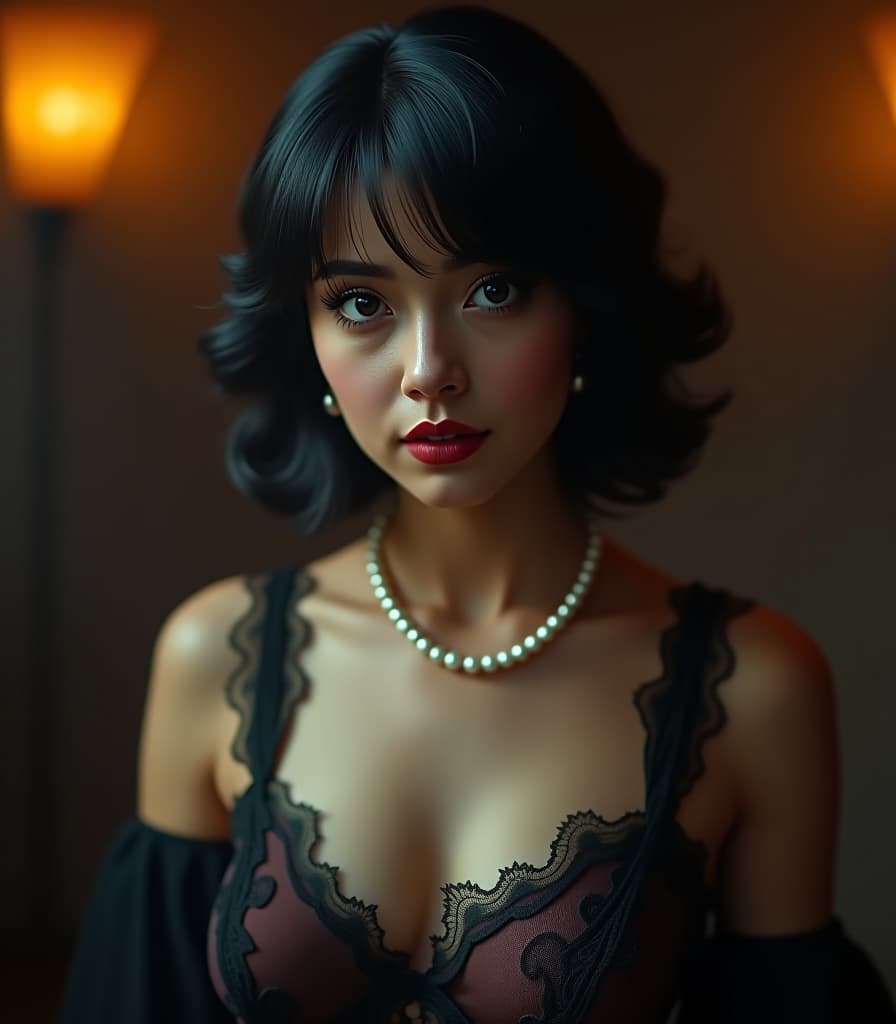  woman black hair in nightie 1920s in a dress and pearl hyperrealistic, full body, detailed clothing, highly detailed, cinematic lighting, stunningly beautiful, intricate, sharp focus, f/1. 8, 85mm, (centered image composition), (professionally color graded), ((bright soft diffused light)), volumetric fog, trending on instagram, trending on tumblr, HDR 4K, 8K