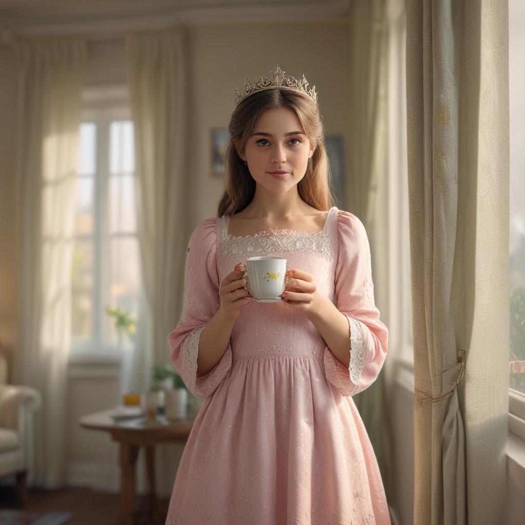 ((masterpiece)),(((best quality))), 8k, high detailed, ultra detailed, A cute and funny good morning little princess, girl, princess outfit, crown, holding a cup of tea, sunshine filtering through curtains hyperrealistic, full body, detailed clothing, highly detailed, cinematic lighting, stunningly beautiful, intricate, sharp focus, f/1. 8, 85mm, (centered image composition), (professionally color graded), ((bright soft diffused light)), volumetric fog, trending on instagram, trending on tumblr, HDR 4K, 8K