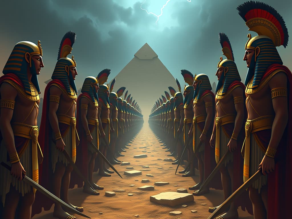  geopolitical tensions represented by two large armies of ancient egyptian warriors facing off against each other, battle ready, under a stormy sky. the style is digital art illustration / modern comic book / mysterious occult, symbolic, esoteric vibe,high detail on character design, incorporating ancient egyptian symbology and attire.