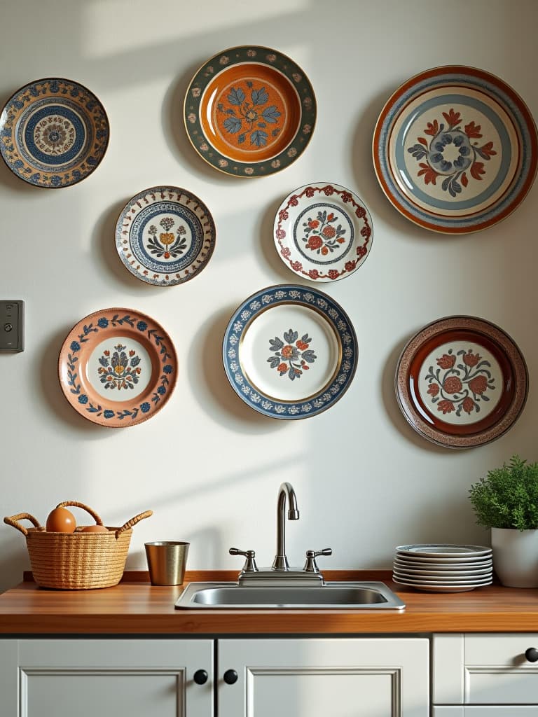  high quality portrait photo of a bright, airy kitchen with a gallery wall of mismatched vintage plates in various patterns and colors, arranged artfully against a crisp white wall hyperrealistic, full body, detailed clothing, highly detailed, cinematic lighting, stunningly beautiful, intricate, sharp focus, f/1. 8, 85mm, (centered image composition), (professionally color graded), ((bright soft diffused light)), volumetric fog, trending on instagram, trending on tumblr, HDR 4K, 8K