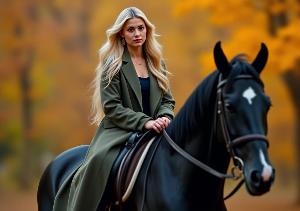  young woman with long blond hair riding black horse in autumn