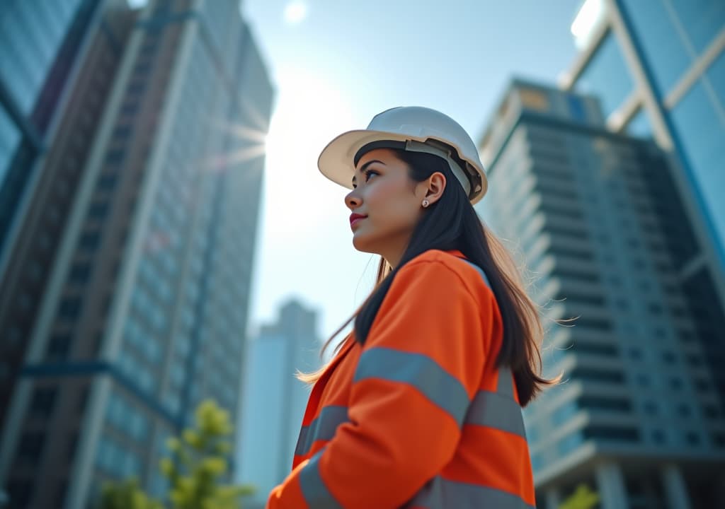  professional worker woman, skyscrapers buildings double exposure, construction expert company