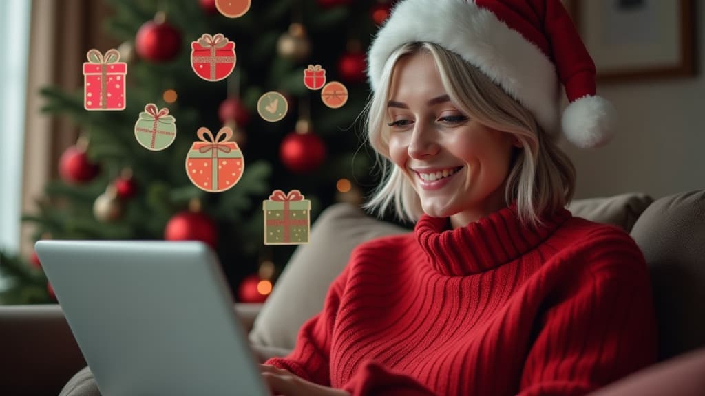   girl and woman with grey hear in red sweater and santa hat sitting on sofa with top, buying gifts online for relatives, big cartoon transparent drawn circles with gifts inside circles flying around her head , (natural skin texture), highly detailed face, depth of field, hyperrealism, soft light, muted colors