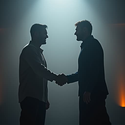  2 happy man shaking hands realistic hyperrealistic, full body, detailed clothing, highly detailed, cinematic lighting, stunningly beautiful, intricate, sharp focus, f/1. 8, 85mm, (centered image composition), (professionally color graded), ((bright soft diffused light)), volumetric fog, trending on instagram, trending on tumblr, HDR 4K, 8K