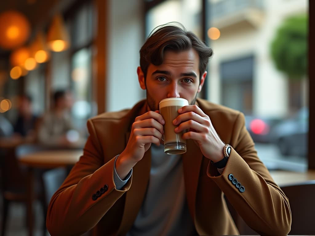  a man drinking mocha at a cafe, masterpiece, best quality