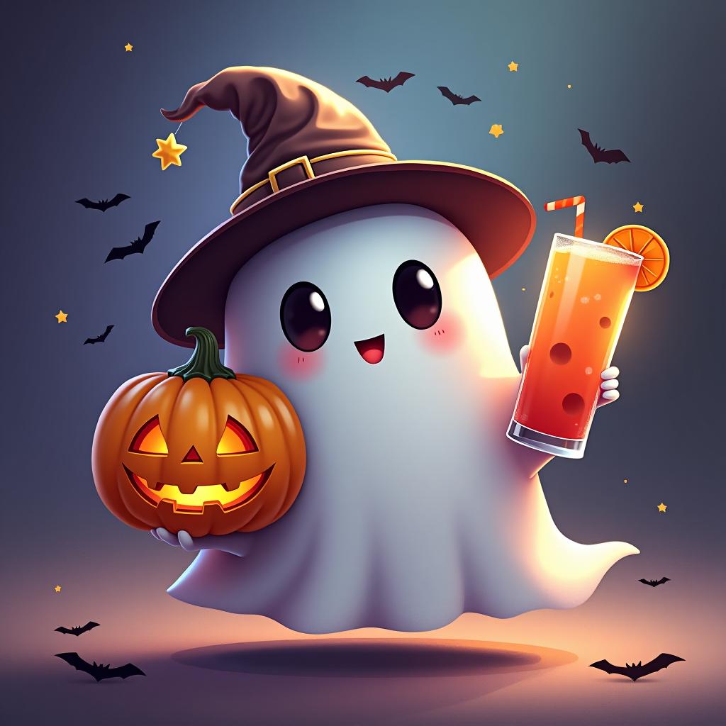  create a digital painting featuring a cute ghost character. the ghost should be wearing a hat. in one hand, the ghost should hold a pumpkin with a carved face, and in the other hand, a halloween themed drink. the background should be colorfull and include small black bats and stars to add a playful halloween touch. the overall style should be cute, whimsical, and colorful hyperrealistic, full body, detailed clothing, highly detailed, cinematic lighting, stunningly beautiful, intricate, sharp focus, f/1. 8, 85mm, (centered image composition), (professionally color graded), ((bright soft diffused light)), volumetric fog, trending on instagram, trending on tumblr, HDR 4K, 8K