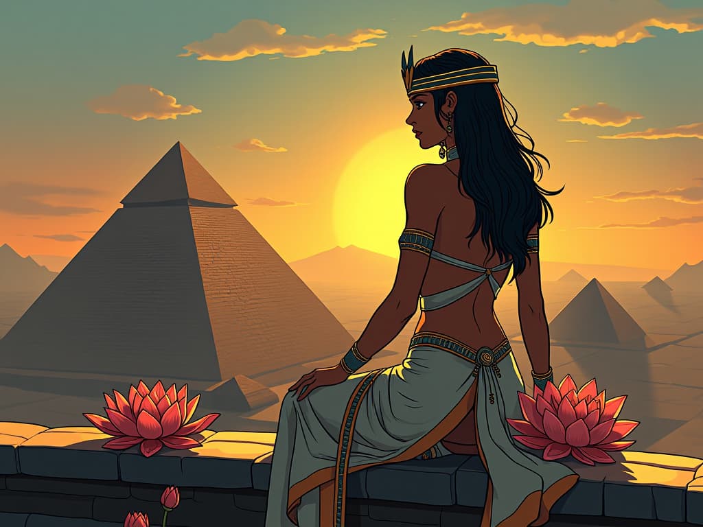  an egyptian priestess in form fitting, luxurious garments, sitting on a platform atop a pyramid, overlooking the horizon. her gaze one of contemplation and insight, lotus flowers and sacred symbols around, embodying alignment with true purpose.. the style is digital art illustration / modern comic book / mysterious occult, symbolic, esoteric vibe,high detail on character design, incorporating ancient egyptian symbology and attire.