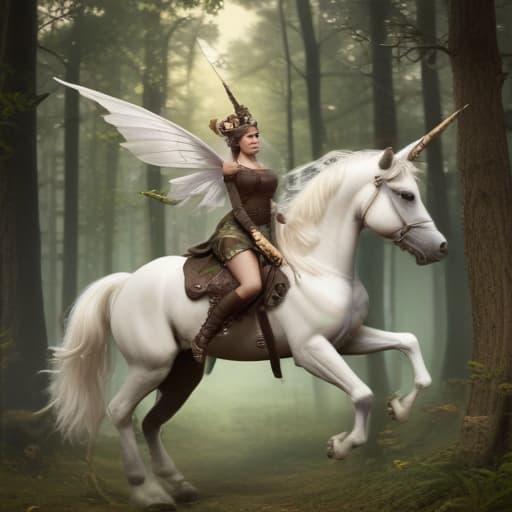 Flying fairy with a unicorn horn in Steampunk style with Forests background