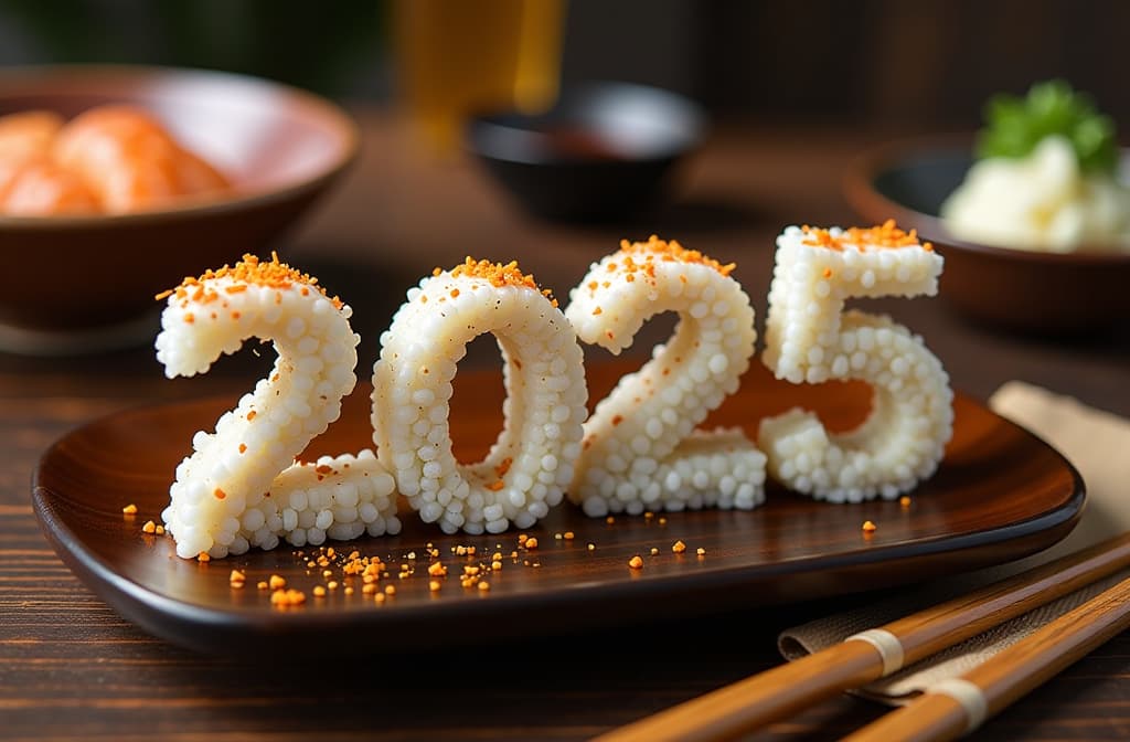  text "2025” created from sushi rolls and chopsticks, placed on a stylish japanese dining setup. {prompt}, maximum details