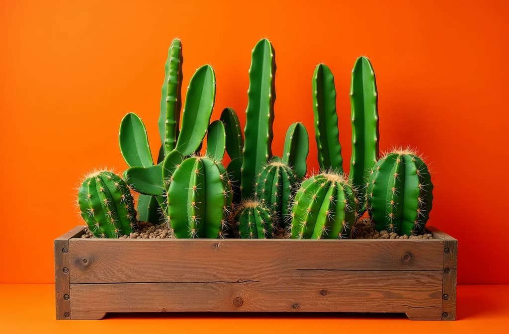  a striking arrangement of lush, prickly green cactus plants thrives in a weathered wooden planter box set against a vibrant orange backdrop. this visually arresting scene, likely a photograph, captures the vivid contrast between the vibrant colors and textures. each cactus stands tall and proud, their spiky arms reaching towards the sun, creating a dynamic composition full of life and intensity. the sharp details and bold colors of this image elevate it to a level of artistic excellence, making it a captivating piece for any viewer. hyperrealistic, full body, detailed clothing, highly detailed, cinematic lighting, stunningly beautiful, intricate, sharp focus, f/1. 8, 85mm, (centered image composition), (professionally color graded), ((bright soft diffused light)), volumetric fog, trending on instagram, trending on tumblr, HDR 4K, 8K