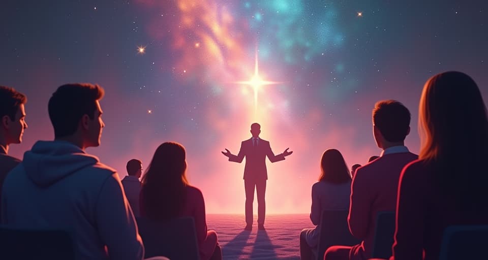  a scene depicting listeners captivated by the speaker, an ethereal aura surrounding the group. direct transmission, mystical connection, awe filled atmosphere.. the style is digital art illustration,highly detailed, whimsical,magical, dreamlike atmosphere, realism and fantasy blend, smooth, glossy textures,luminous quality, wonder and enchantment.