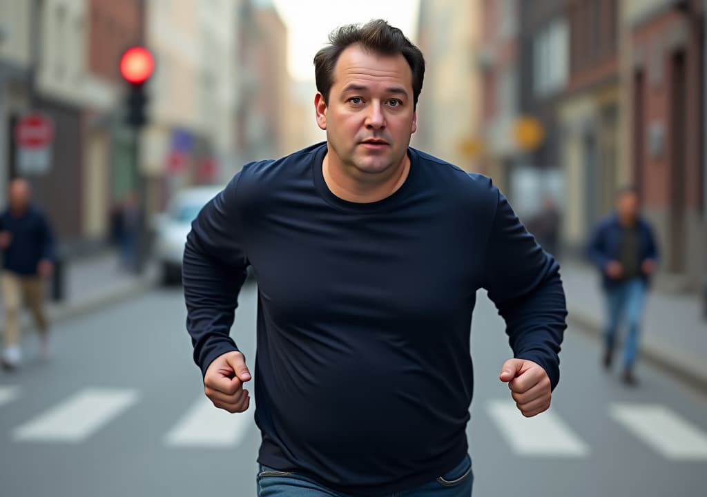  closeup of face of a realistic 2 old danish man with pale skin and slightly overweight build. he has short, black brown hair that is neatly but slightly tousled, with a youthful, fresh appearance. his skin is clear with a few faint blemishes typical of someone in their early twenties. his facial features are soft and ish, with a slightly round face, blue eyes that are bright and youthful, and no facial hair, giving him a distinctly young appearance. he wears casual, everyday clothing: a dark blue long sleeve shirt that fits comfortably over his slightly rounded stomach, paired with slightly faded blue jeans that show some wear, and simple white sneakers. the man is captured mid run on a city street, viewed from the side, wi