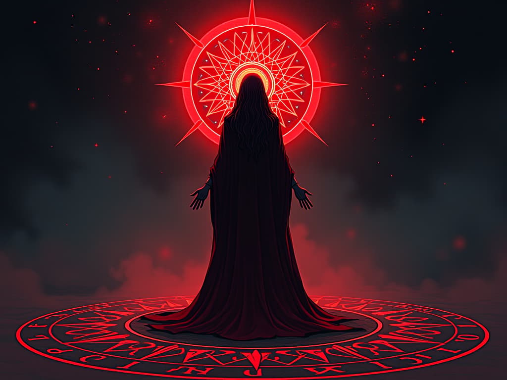  sorceress in red, standing within a circle of arcane symbols, aura of profound understanding and complexity, star filled sky above. the style is digital art illustration / modern comic book / graphic dark novel fantasy and mysterious occult, symbolic, moody lighting, esoteric vibe,high detail on character design. for the color scheme emphasize blacks and reds.