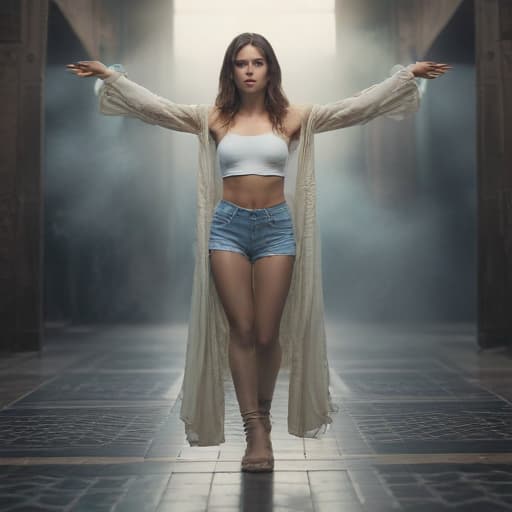 an ultra realistic photo of beautiful woman symmetrical balance, in-frame hyperrealistic, full body, detailed clothing, highly detailed, cinematic lighting, stunningly beautiful, intricate, sharp focus, f/1. 8, 85mm, (centered image composition), (professionally color graded), ((bright soft diffused light)), volumetric fog, trending on instagram, trending on tumblr, HDR 4K, 8K