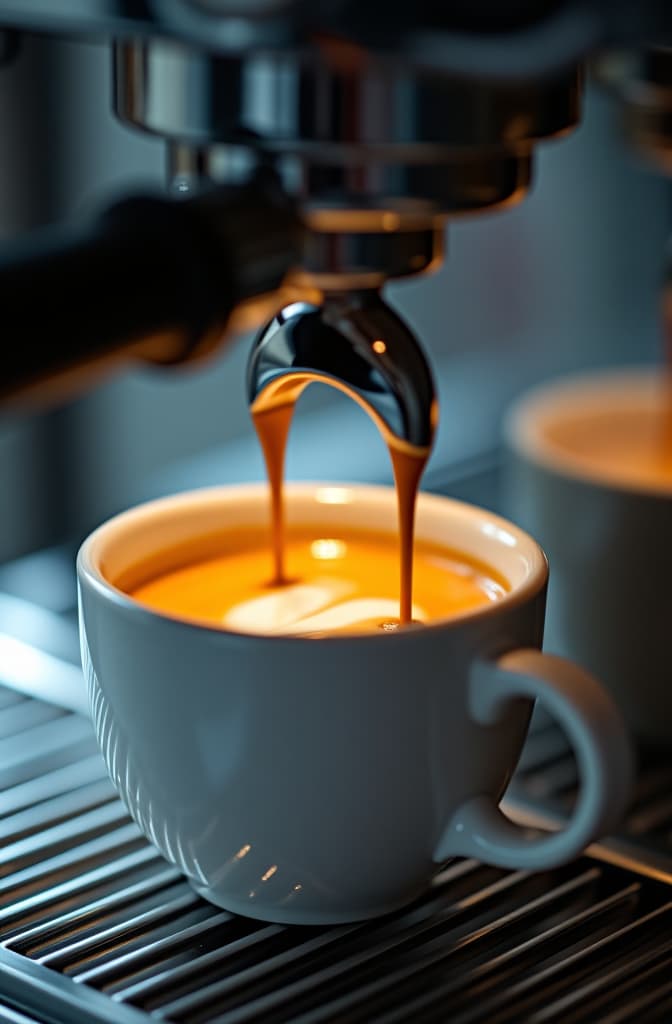  a close up shot showing an espresso machine dispensing a freshly brewed coffee into a white cup, showcasing the rich crema on top and the flow of espresso. hyperrealistic, full body, detailed clothing, highly detailed, cinematic lighting, stunningly beautiful, intricate, sharp focus, f/1. 8, 85mm, (centered image composition), (professionally color graded), ((bright soft diffused light)), volumetric fog, trending on instagram, trending on tumblr, HDR 4K, 8K