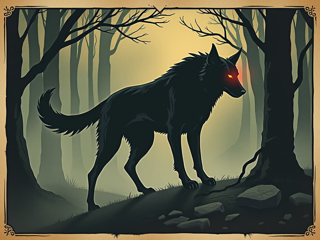  a ghostly black hound, eyes glowing red, standing ominously at the edge of a forest, mist swirling around it, sense of foreboding, eerie and menacing. an illustration in the style of a worn, mystical old tarot trump card, mysterious and elements of surrealism. the colors are muted, somber and eerie, but with contrast bring out an occult and esoteric vibe.