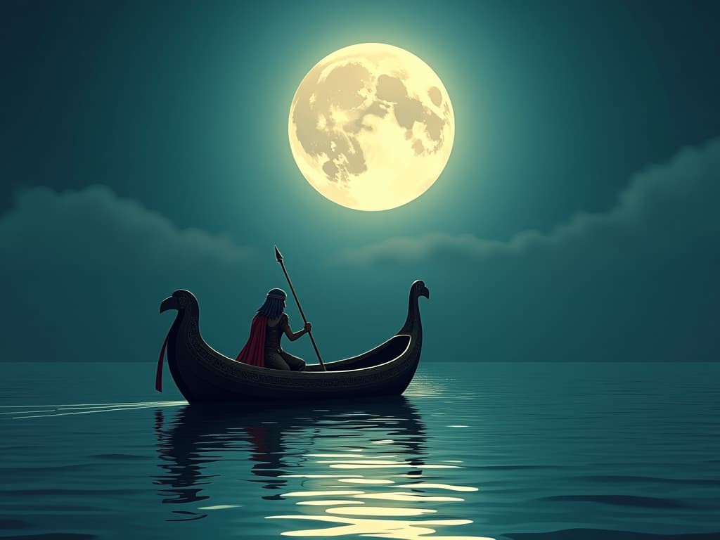  nile river under a full moon, reflecting a silvery glow, ancient egyptian boat with a single rider, calm waters, serene and mystical atmosphere. the style is digital art illustration / modern comic book / mysterious occult, symbolic, esoteric vibe,high detail on character design, incorporating ancient egyptian symbology and attire.