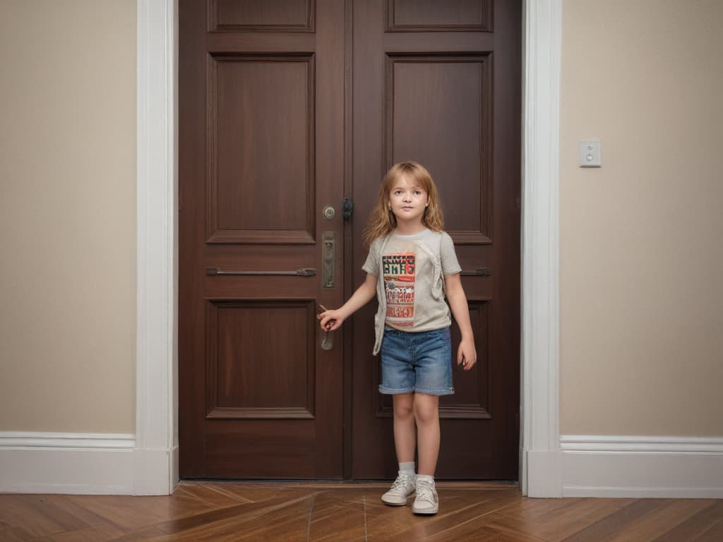 ultra realistic ((ultra realistic ((a child holding a door open for someone saying 'let's go!')))) hyperrealistic, full body, detailed clothing, highly detailed, cinematic lighting, stunningly beautiful, intricate, sharp focus, f/1. 8, 85mm, (centered image composition), (professionally color graded), ((bright soft diffused light)), volumetric fog, trending on instagram, trending on tumblr, HDR 4K, 8K