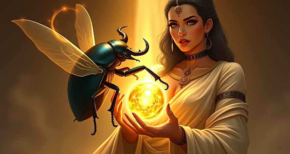  scarab beetle holding a radiant gemstone, encircled by golden light, large busted sorceress in a sheer robe watching over, intense focus, aura of sustained success. the style is digital art illustration / modern comic book / mysterious occult, symbolic, esoteric vibe,high detail on character design, incorporating ancient egyptian symbology and attire.