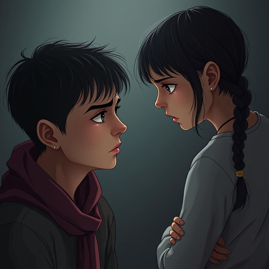  here is the translated text: a young man, roughly 25 26, with fair skin and black hair who looks like kazakh, kneels, tears in his eyes, desperately for forgiveness. his face expresses deep sadness and regret, and he looks up at a young , about 12, who has slightly dark skin, dark hair and narrow eyes. her face expresses a mixture of disgust and anger, she turns away from him, ly rejecting his request. she turns her head to the side with an expression of intense disgust, crossing her arms in a sign of resistance. the tension in the scene is palpable, highlighting the contrast between his tearful despair and her refusal. the image should only be this man and , without other people. make sure the image is realistic, w