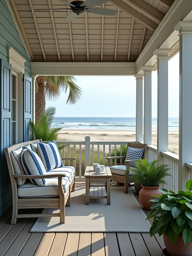  high quality portrait photo of a cozy coastal themed porch with weathered wood furniture, blue and white striped cushions, and seashell decor, overlooking a serene beach scene hyperrealistic, full body, detailed clothing, highly detailed, cinematic lighting, stunningly beautiful, intricate, sharp focus, f/1. 8, 85mm, (centered image composition), (professionally color graded), ((bright soft diffused light)), volumetric fog, trending on instagram, trending on tumblr, HDR 4K, 8K