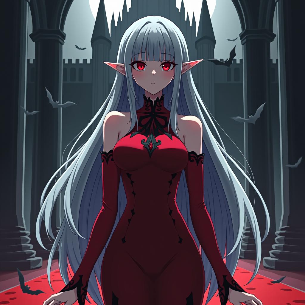  lovecraftian horror anime, vampire, silver hair, straight bangs, short broad strand of hair in front of the ears, elven short sharp ears, very long hair, red and black eyes, glow of the face, red fitting dress with black patterns, bare shoulders and sides, ruby shoes, morning, in front of the vampire palace, bats around, red carpet under feet, anime art style . eldritch, cosmic horror, unknown, mysterious, surreal, highly detailed