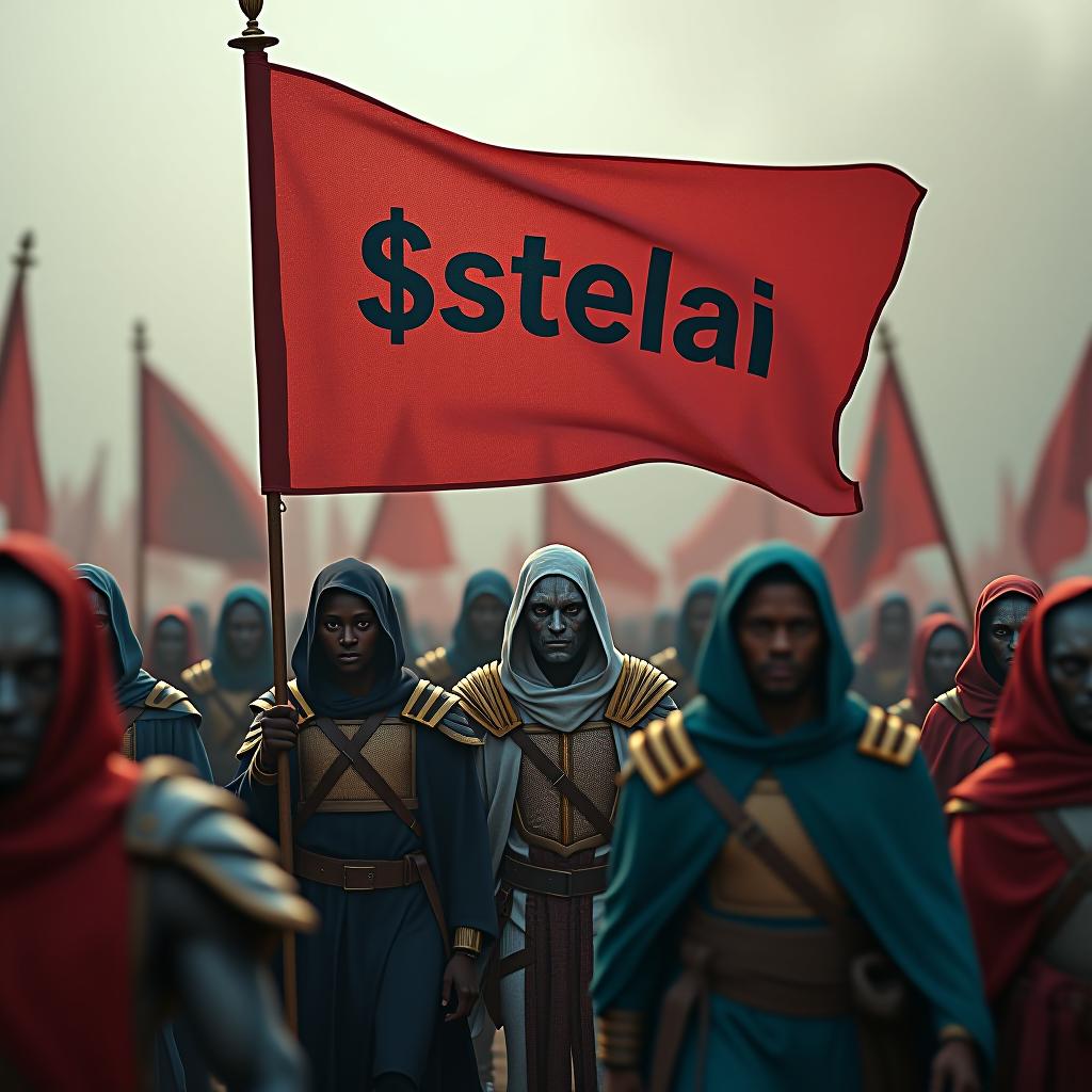  an army of different races holding a flag with $stelai written on the flag hyperrealistic, full body, detailed clothing, highly detailed, cinematic lighting, stunningly beautiful, intricate, sharp focus, f/1. 8, 85mm, (centered image composition), (professionally color graded), ((bright soft diffused light)), volumetric fog, trending on instagram, trending on tumblr, HDR 4K, 8K