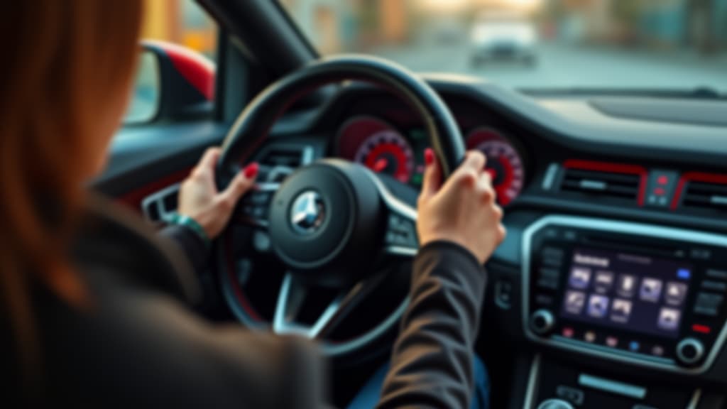  female hands with red painted nails on the steering wheel, woman sitting in a luxurious car interior in black and red colors. lady automobile driver, holding drivers wheel, controlling vehicle,turning