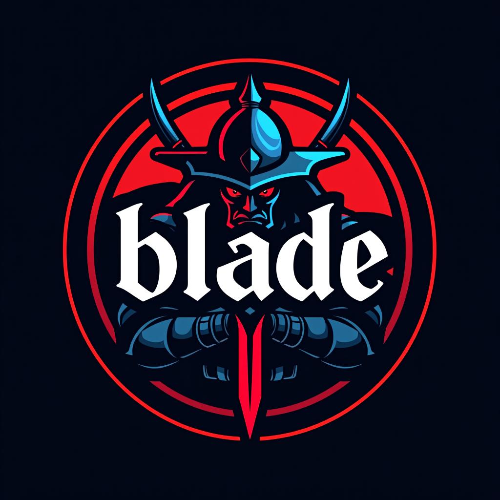  design a logo, emblem logo, with the written text ‘blade’, samurai theme, red and blue.