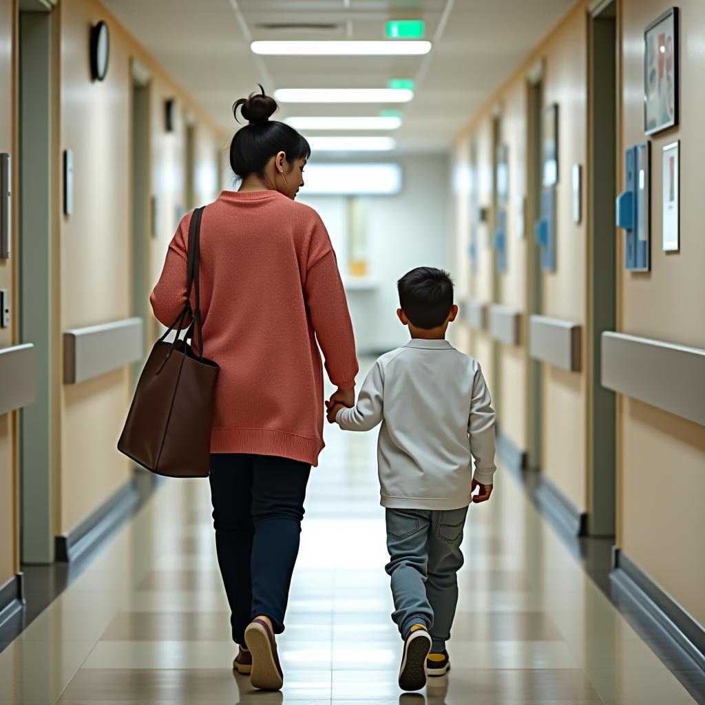  a mother and her son are walking through the hospital.