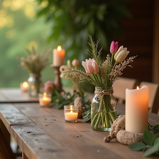  create an image with the following specifications: main subject: description: a rustic wooden table decorated with various diy centerpieces. style: handcrafted, natural, and charming. setting: location: outdoor garden or barn setting. composition: framing: close up view of the table, focusing on the centerpieces. style: art movement: rustic realism. technique: high resolution photography. atmosphere: mood: warm, inviting, and romantic. color palette: dominant colors: earthy browns, soft greens, muted whites. mood: natural and soothing. details: foreground: mason jars filled with wildflowers, pinecones, and twine wrapped candles. background: blurred wooden barn walls or lush greenery. technical specs: aspect ratio: 16:9. negative pr hyperrealistic, full body, detailed clothing, highly detailed, cinematic lighting, stunningly beautiful, intricate, sharp focus, f/1. 8, 85mm, (centered image composition), (professionally color graded), ((bright soft diffused light)), volumetric fog, trending on instagram, trending on tumblr, HDR 4K, 8K